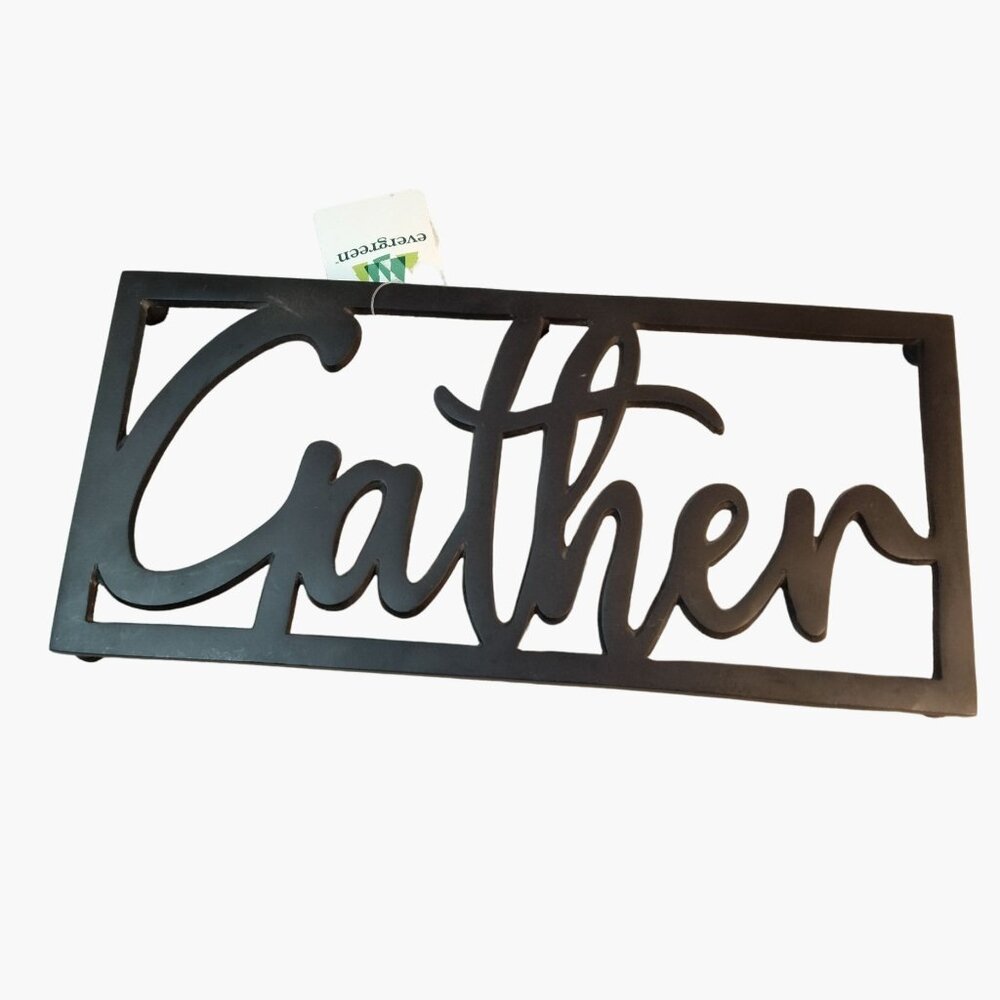 Gather Trivet Black Metal Thanksgiving Decor Family Party Evergreen 13 x 6